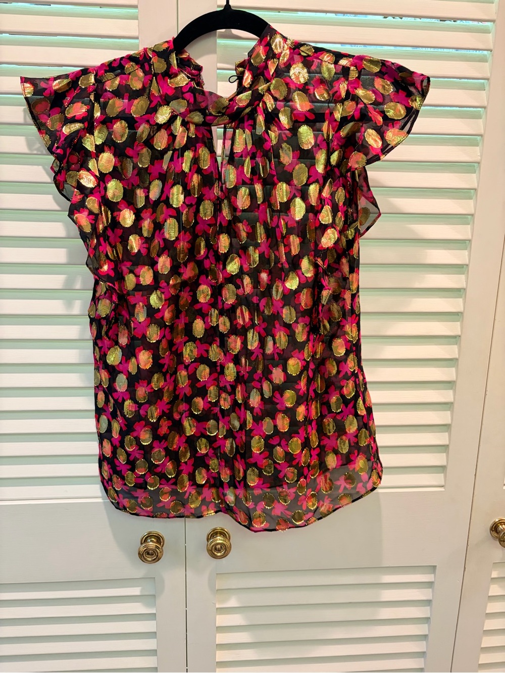 Milly Black Chiffon Blouse with Pink and Gold Metallic Dot Print